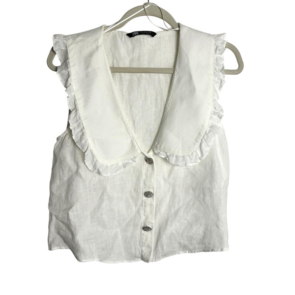 Zara White Linen Sleeveless Blouse Ruffle Collar Statement Buttons Size Small - Picture 1 of 7